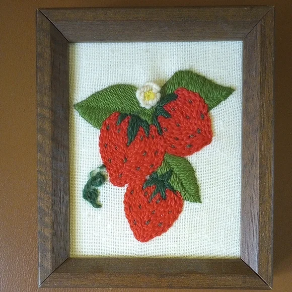 Vintage Completed Crewel Strawberry Sampler in Brown Wood Frame, Red Green White - Picture 1 of 5